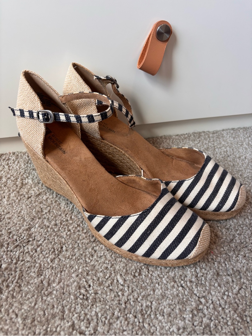 White Mountain Striped Espadrille Wedge Sandals in Blue and Cream